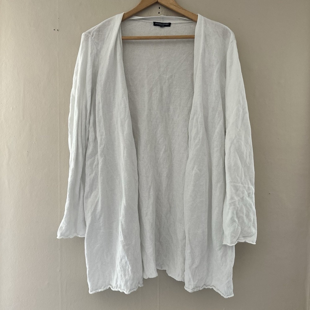 Eileen Fisher Womens Open Front Knit Cardigan Size XL White Beachy Coastal Boho